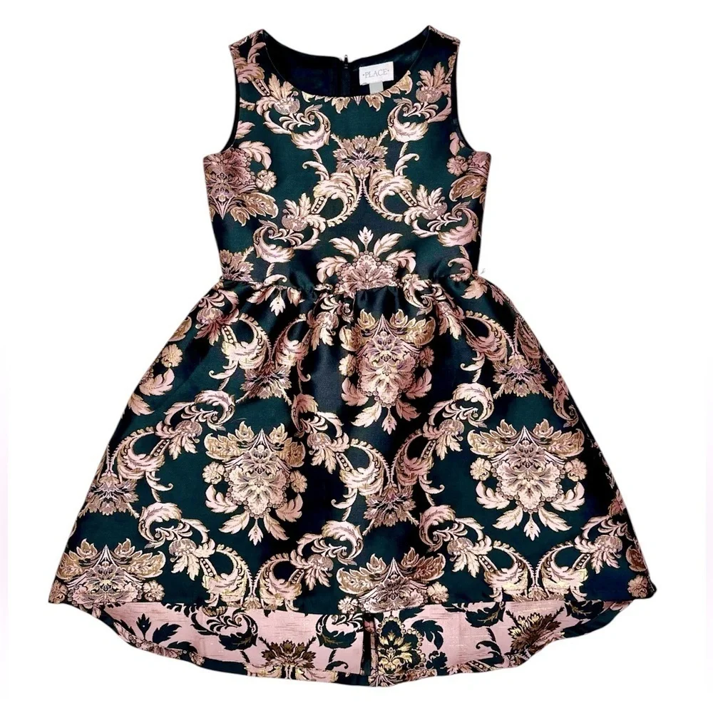 The Children's Place Black and Gold Metallic Floral Brocade Dress (937)